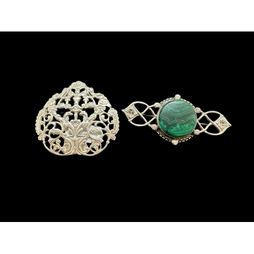 684 - Silver: Silver scorpion malachite mounted brooch together with a silver nurse's buckle converted int... 