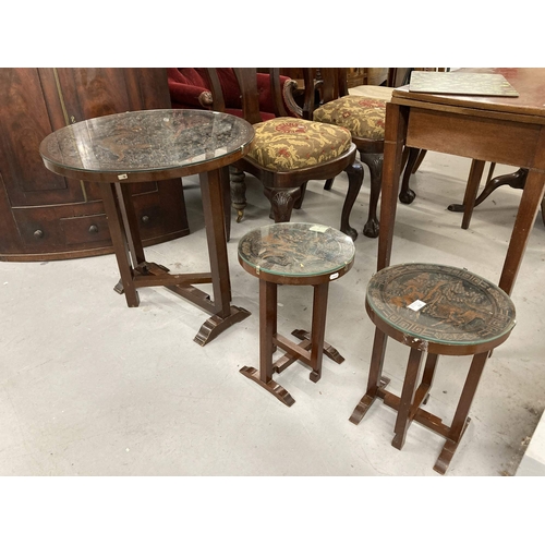 69 - Oriental: Post-war Chinese hardwood tilt-top tables decorated with dragons. 24ins. and 12ins. (3)... 