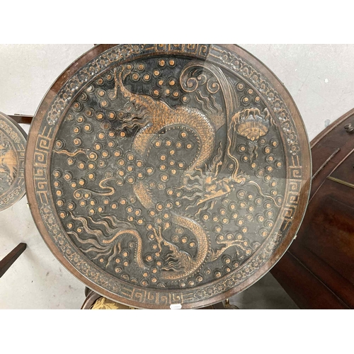 69 - Oriental: Post-war Chinese hardwood tilt-top tables decorated with dragons. 24ins. and 12ins. (3)... 