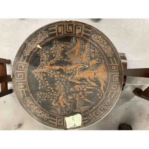 69 - Oriental: Post-war Chinese hardwood tilt-top tables decorated with dragons. 24ins. and 12ins. (3)... 