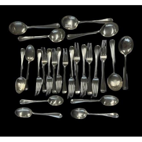 695 - Hallmarked Silver: Rattail cutlery hallmarked London, soup spoons x 6, dessert spoons x 6, dinner fo... 