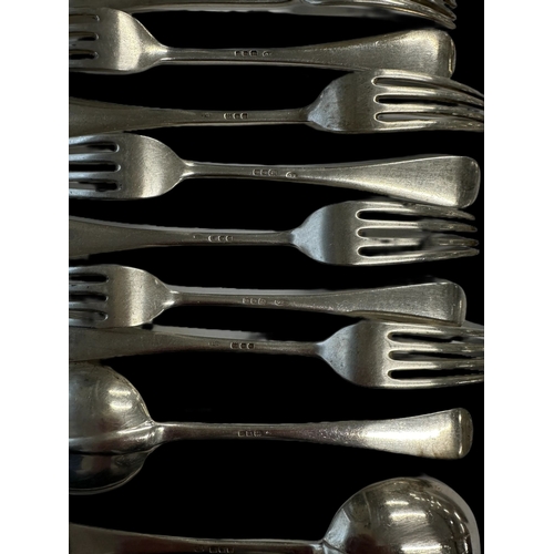 695 - Hallmarked Silver: Rattail cutlery hallmarked London, soup spoons x 6, dessert spoons x 6, dinner fo... 