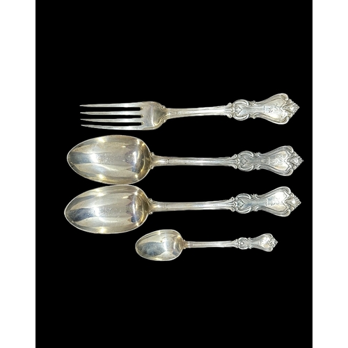 704 - Hallmarked Silver: Victorian flatware two tablespoons, one fork and one teaspoon all hallmarked Lond... 