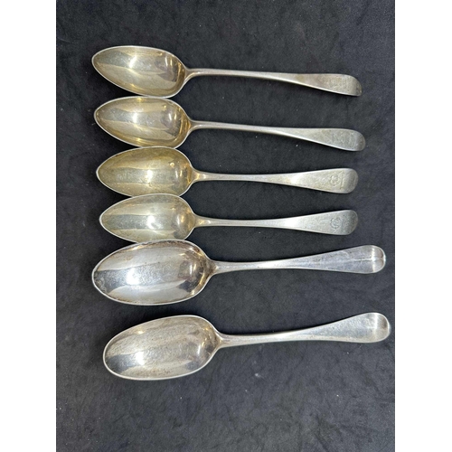 714 - Hallmarked Silver: Flatware four dessert spoons and two serving spoons, mixed patterns and Scottish ... 