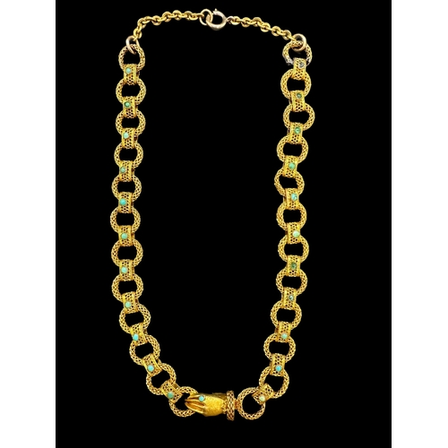 736 - Jewellery: Cased Victorian yellow metal ladies hand necklace decorated with small cabochon cut turqu... 