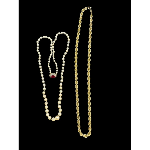 739 - Hallmarked Gold: Hallmarked Gold: 9ct. gold rope chain, 45cm. 7.9g. 9ct. gold clasped pearl necklace... 