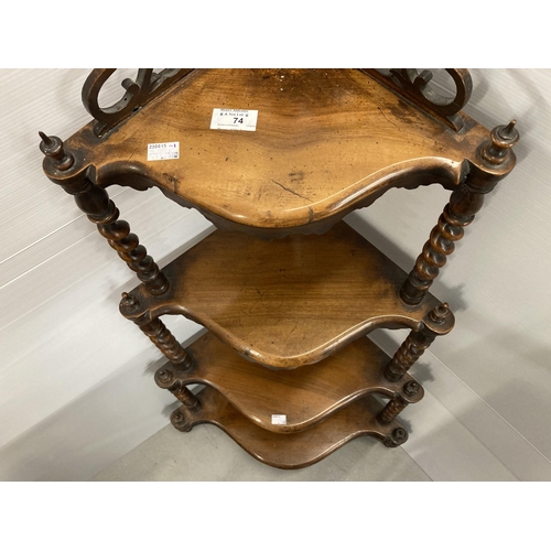 74 - Furniture: 19th cent. Mahogany corner what-not, four tiers, barley twist supports, serpentine fronts... 