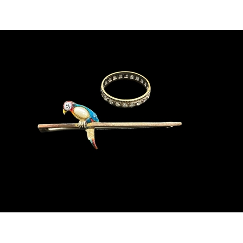 785 - Jewellery: Yellow metal bar brooch modelled with a polychromed parrot, together with a yellow and wh... 