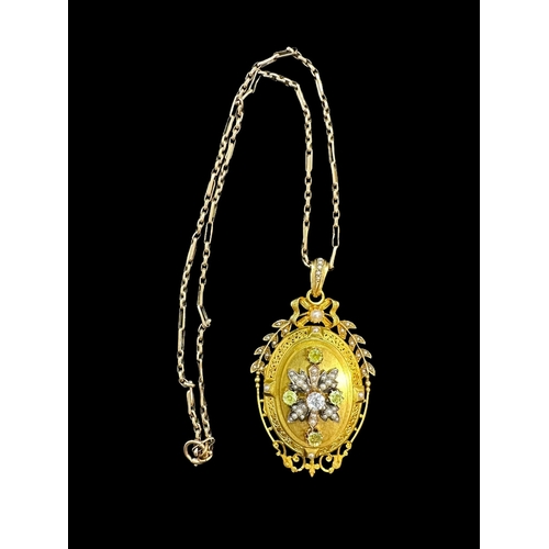 796 - Jewellery: Victorian yellow metal locket tests as 18ct gold, set with a central diamond within an ap... 