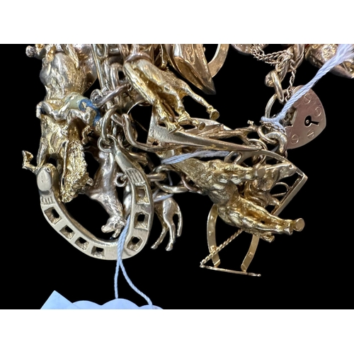 799 - Hallmarked Gold: An impressive 9ct gold charm bracelet, equestrian-themed, in excess of thirty hallm... 