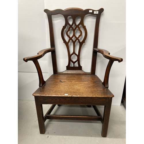 89 - Furniture: 18th cent. Oak carver with central pierced splat back.