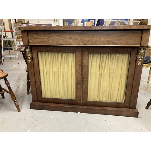 97 - 19th cent. Furniture: Rosewood side cupboard/buffet long drawer with twin glazed cupboard. 48ins. x ... 