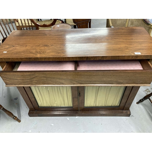 97 - 19th cent. Furniture: Rosewood side cupboard/buffet long drawer with twin glazed cupboard. 48ins. x ... 