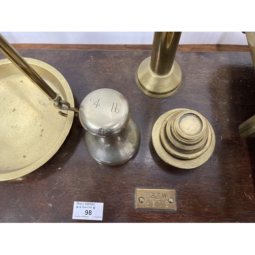 98 - Scientific Instruments: Scientific Instruments: Brass shop counter scales with weights, on mahogany ... 