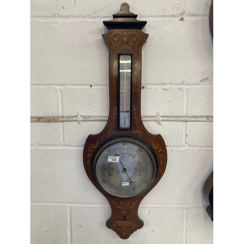 139 - Early 20th cent. Mahogany cased and inlaid banjo barometer and thermometer.