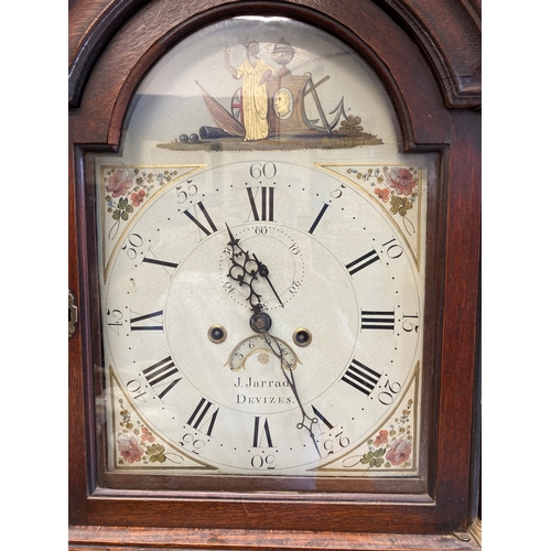 142 - Clocks: 19th cent. 8 day longcase clock J. Jarrard of Devizes, painted face with Nelson theme and ea... 