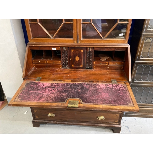 145 - Furniture: Late 18th cent. Mahogany bookcase bureau drop-flap, fully fitted interior, three over thr... 