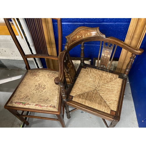 15 - 19th cent. Mahogany three inlaid bedroom chairs, an inlaid corner chair, a three-tier cake stand and... 