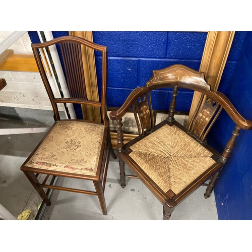 15 - 19th cent. Mahogany three inlaid bedroom chairs, an inlaid corner chair, a three-tier cake stand and... 