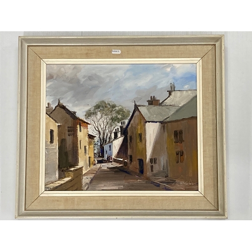 158 - Mike King oil on board village street study signed and dated 66 lower right, 17ins. x 14½ins. Claire... 