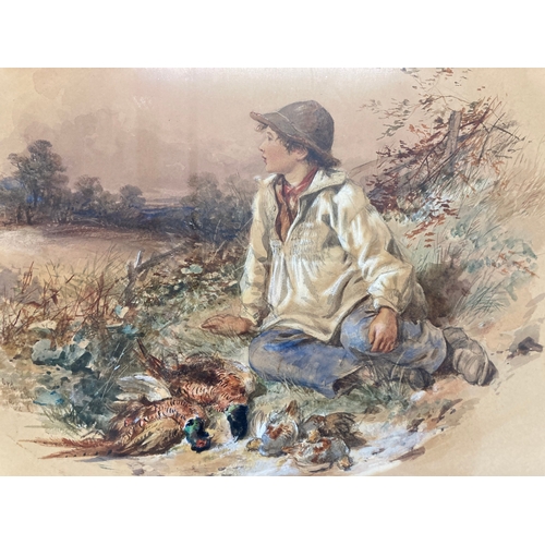 159 - Watercolour 'The Young Gamekeeper' young boy seated beside a fence with dead game, signed lower left... 