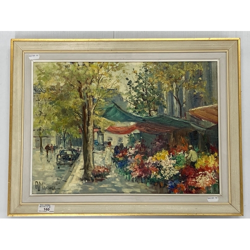 160 - Oil on canvas, the flower market, Paris by Antoine Michel c1950, signed lower left. Sight size 45cm ... 