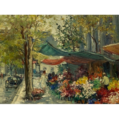 160 - Oil on canvas, the flower market, Paris by Antoine Michel c1950, signed lower left. Sight size 45cm ... 