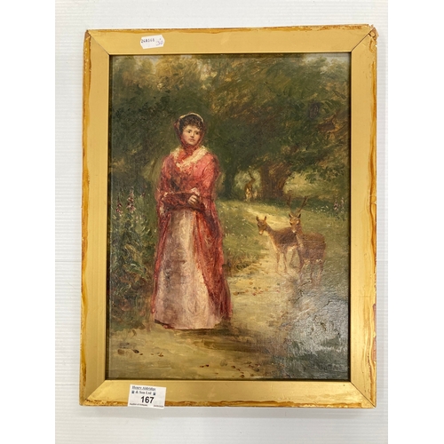 167 - Oil on canvas 'Lady in Red With Roe Deer' framed. 26½cm x 35½cm. Plus a watercolour, an Arab town on... 