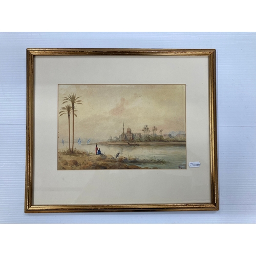 167 - Oil on canvas 'Lady in Red With Roe Deer' framed. 26½cm x 35½cm. Plus a watercolour, an Arab town on... 