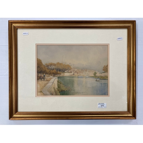 171 - Evelyn Jane Whyley c1900-1920 watercolour, river view with bridge and city in the background (possib... 