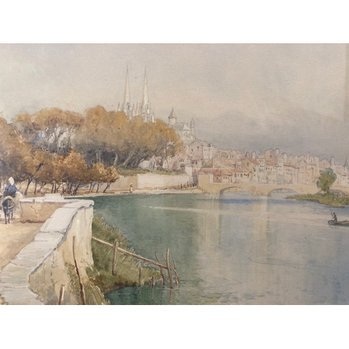 171 - Evelyn Jane Whyley c1900-1920 watercolour, river view with bridge and city in the background (possib... 