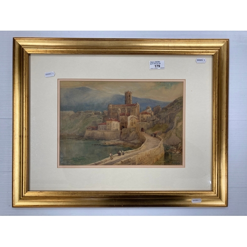 179 - Early 20th cent. Watercolour of a Mediterranean coastline with harbour wall and buildings by Evelyn ... 