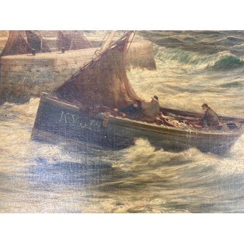 180 - Oil on canvas, harbour/seascape, bringing in the catch to Kirkcaldy/Fife signed and dated 1906, in e... 