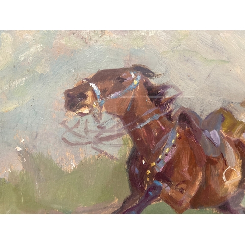 183 - Oil on card, horses and riders (Western cowboys) signed in pencil, framed under glass. 13½ins. x 9¾i... 