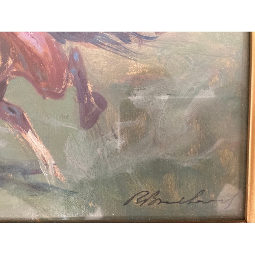 183 - Oil on card, horses and riders (Western cowboys) signed in pencil, framed under glass. 13½ins. x 9¾i... 