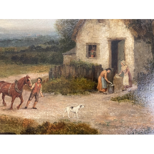 193 - English Romantic School oil on canvas cottage with figures and carter, relined and revarnished in gi... 