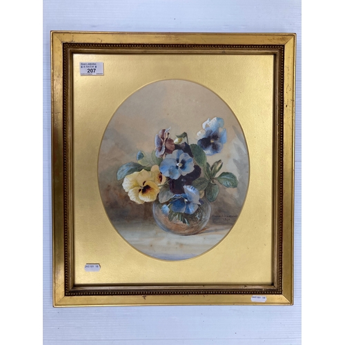 207 - Still life watercolour signed and dated 1890 lower right, set within an oval gilt mount and gilt fra... 