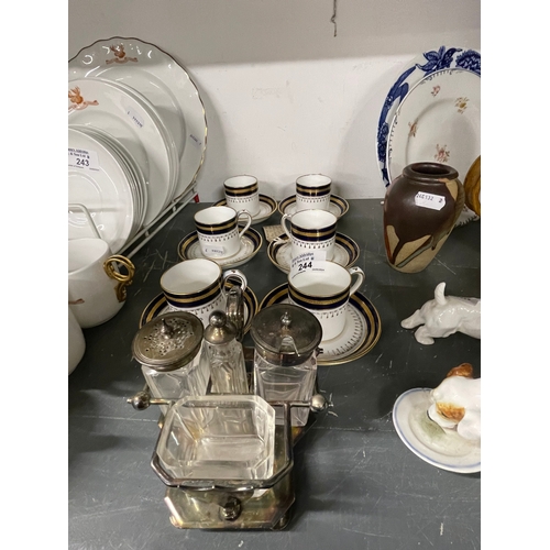 244 - Late 19th cent. Set of six Minton coffee cans and saucers each decorated with a dark blue bank and g... 