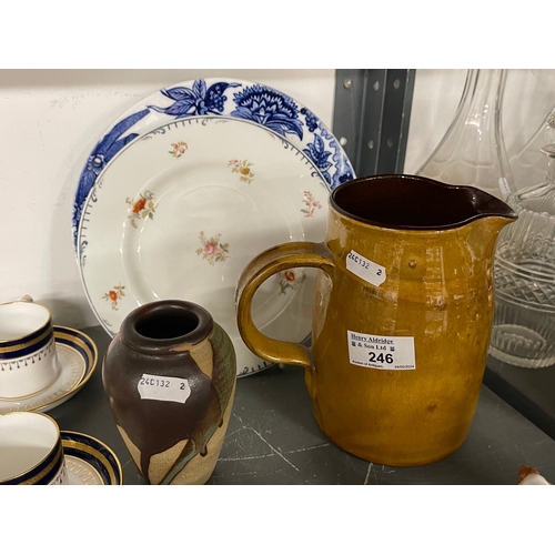 246 - Studio pottery glazed harvest jug with potter's mark AC in a square plus a small stoneware vase with... 