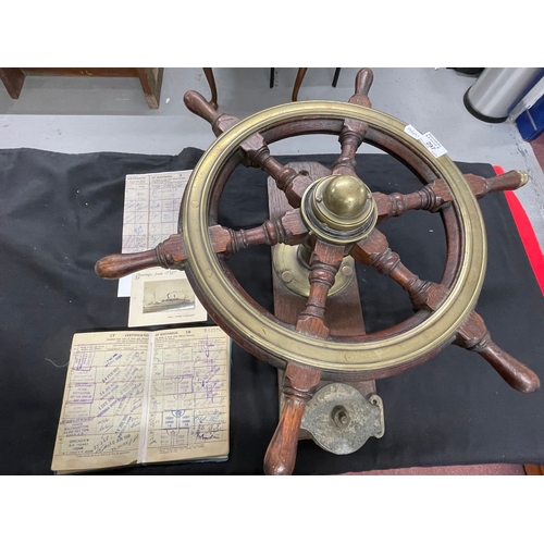 297 - Maritime: Rare hardwood ship's wheel with brass mounts, by repute from HMT Empire Windrush together ... 