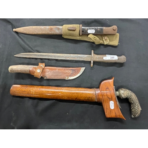 299 - Weapons: 20th cent. MK 1 bayonet, K98 bayonet, decorative keris with broken scabbard plus one other.... 