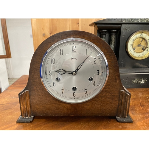 63 - Clocks: Slate and marble mantel clock, enamel dial, a Smiths oak cased mantel clock and a slate mant... 