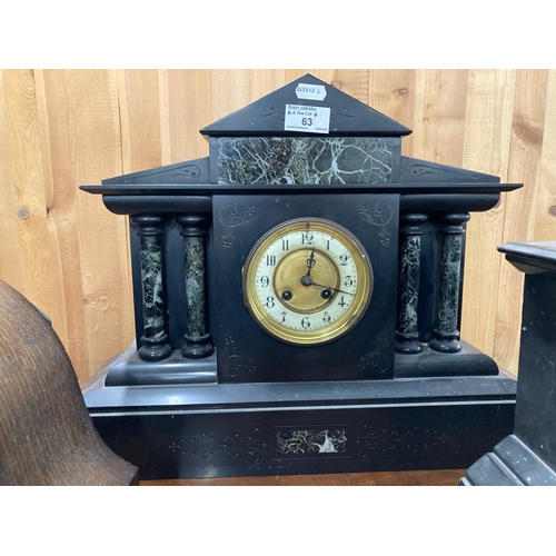 63 - Clocks: Slate and marble mantel clock, enamel dial, a Smiths oak cased mantel clock and a slate mant... 