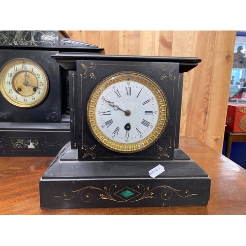 63 - Clocks: Slate and marble mantel clock, enamel dial, a Smiths oak cased mantel clock and a slate mant... 