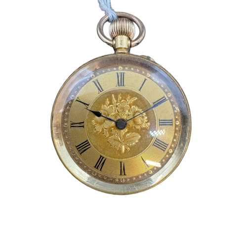 882 - Watches: Ladies 18ct. gold keyless fob watch with floral engraved dial and case. 34mm diameter, gros... 