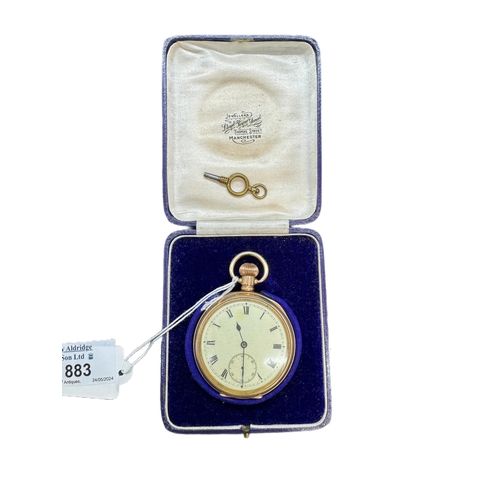 883 - Gold plated open face pocket watch the movement signed Moeris, case diameter 51mm. Presented to PC 4... 