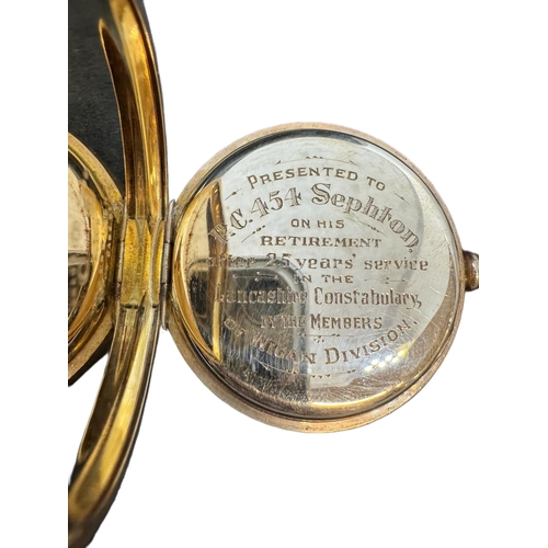 883 - Gold plated open face pocket watch the movement signed Moeris, case diameter 51mm. Presented to PC 4... 