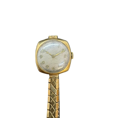 885 - Watches: Mens 9ct. gold cushion cased wristwatch on expanding plated strap, head 2.5cm. across.... 