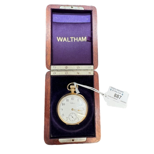 887 - A 9ct. gold open-faced pocket watch by Waltham, Birmingham 1915 in Waltham vbox. Gross weight 87.9g ... 