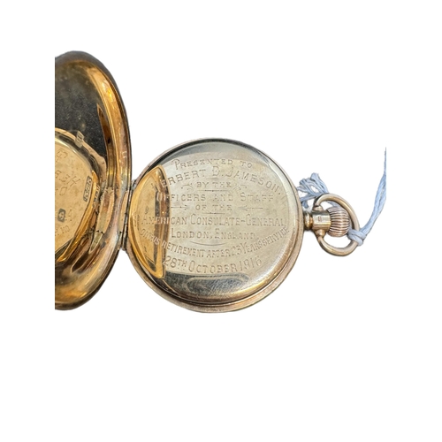 887 - A 9ct. gold open-faced pocket watch by Waltham, Birmingham 1915 in Waltham vbox. Gross weight 87.9g ... 